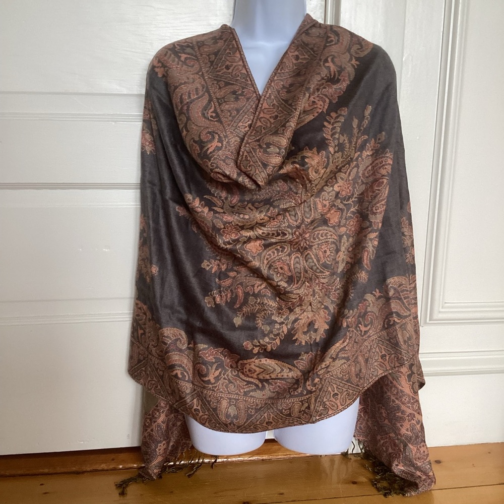 Paisley earth tones large shawl scarf or wrap shades of browns gold green
